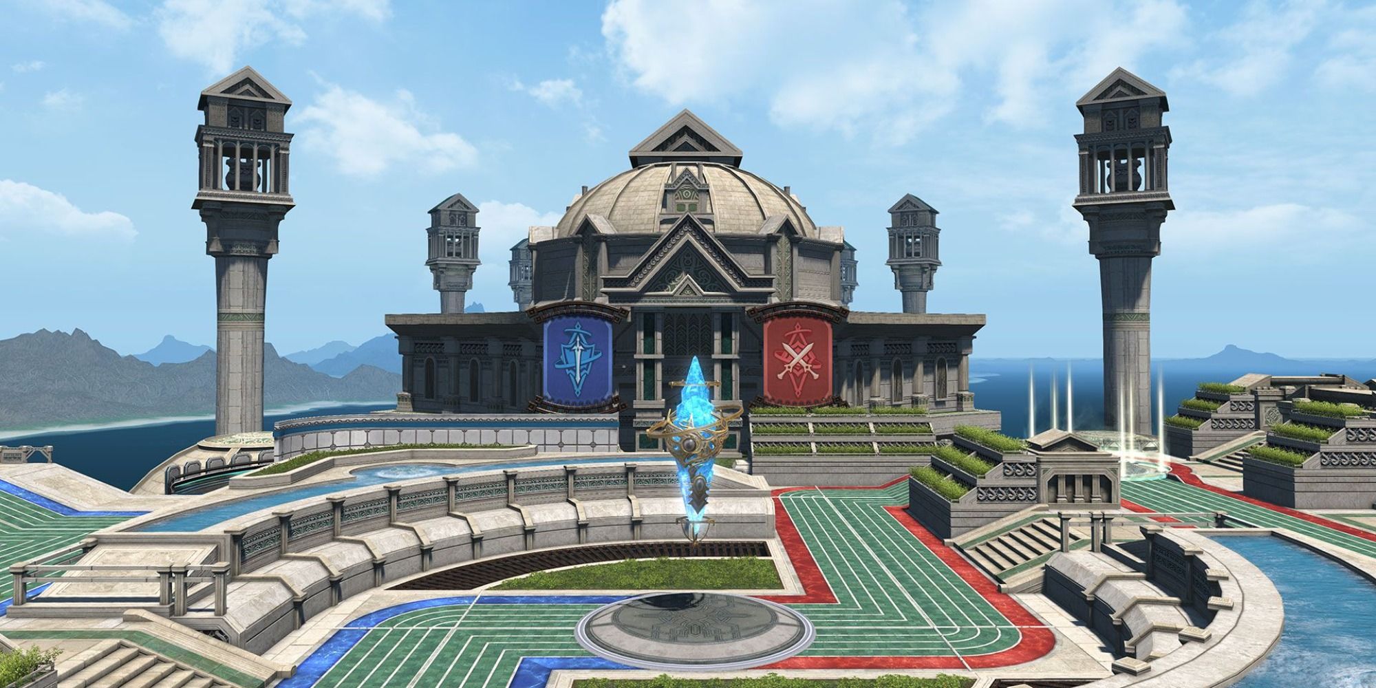 A Crystalline Conflict stage, showcasing the Crystal in the middle of the map that both teams have to contest over in Final Fantasy 14