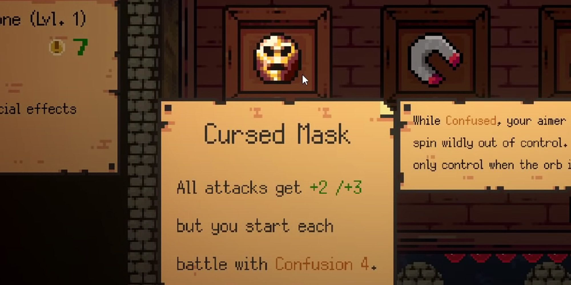 Peglin screenshot of the Cursed Mask Relic, which looks like a disembodied, angry gold face