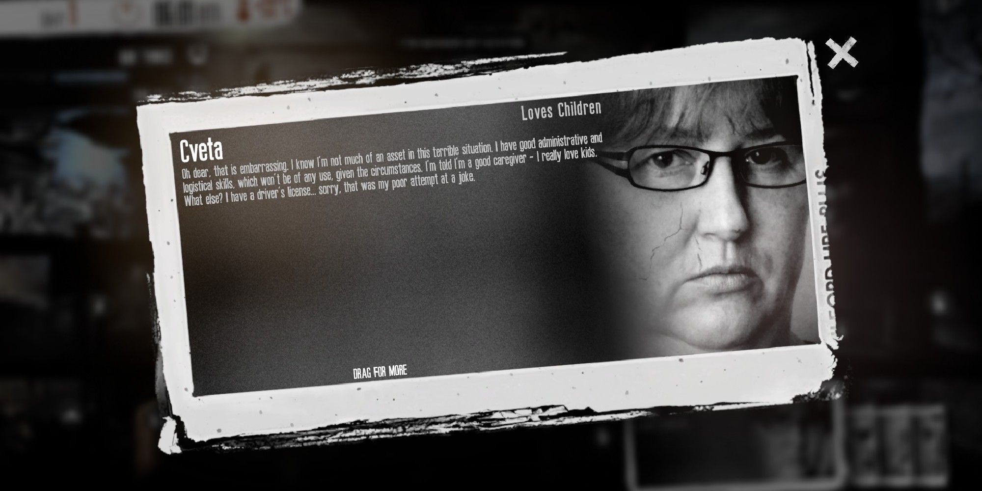 This War Of Mine Cveta character bio screen where she looks sad black & white