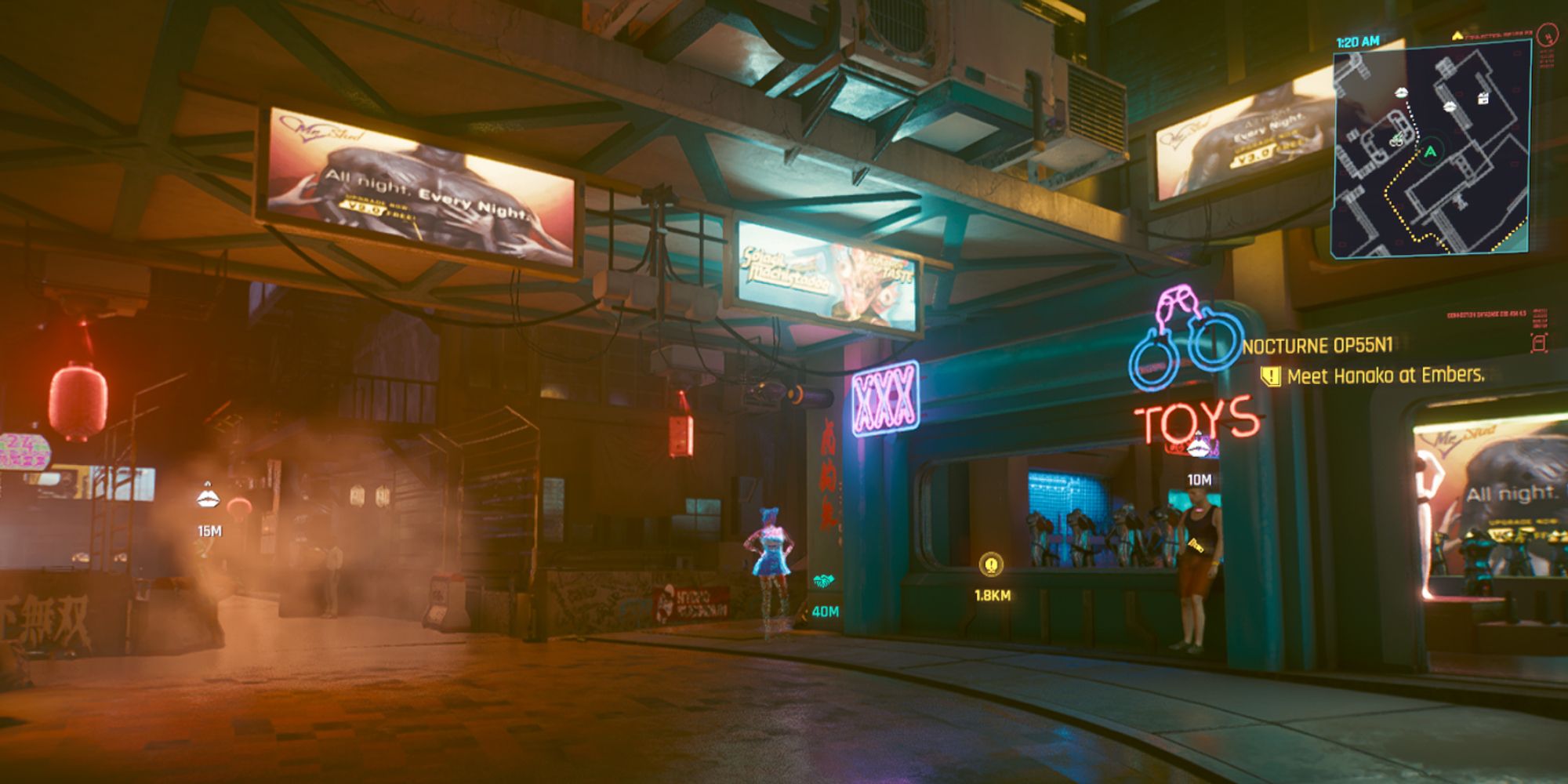 Cyberpunk 2077-Screenshot von Jig-Jig Street mit Joytoys