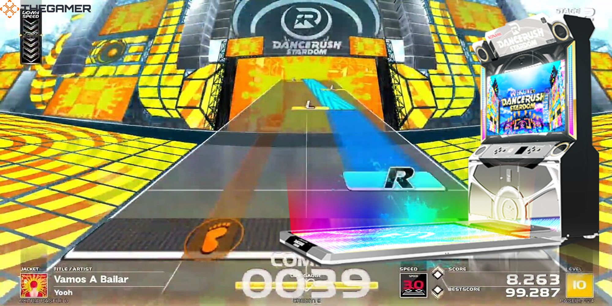 A DanceRush Stardom console lies in front of a roadway of streaming foot bars in a custom image displaying Dance Rush.