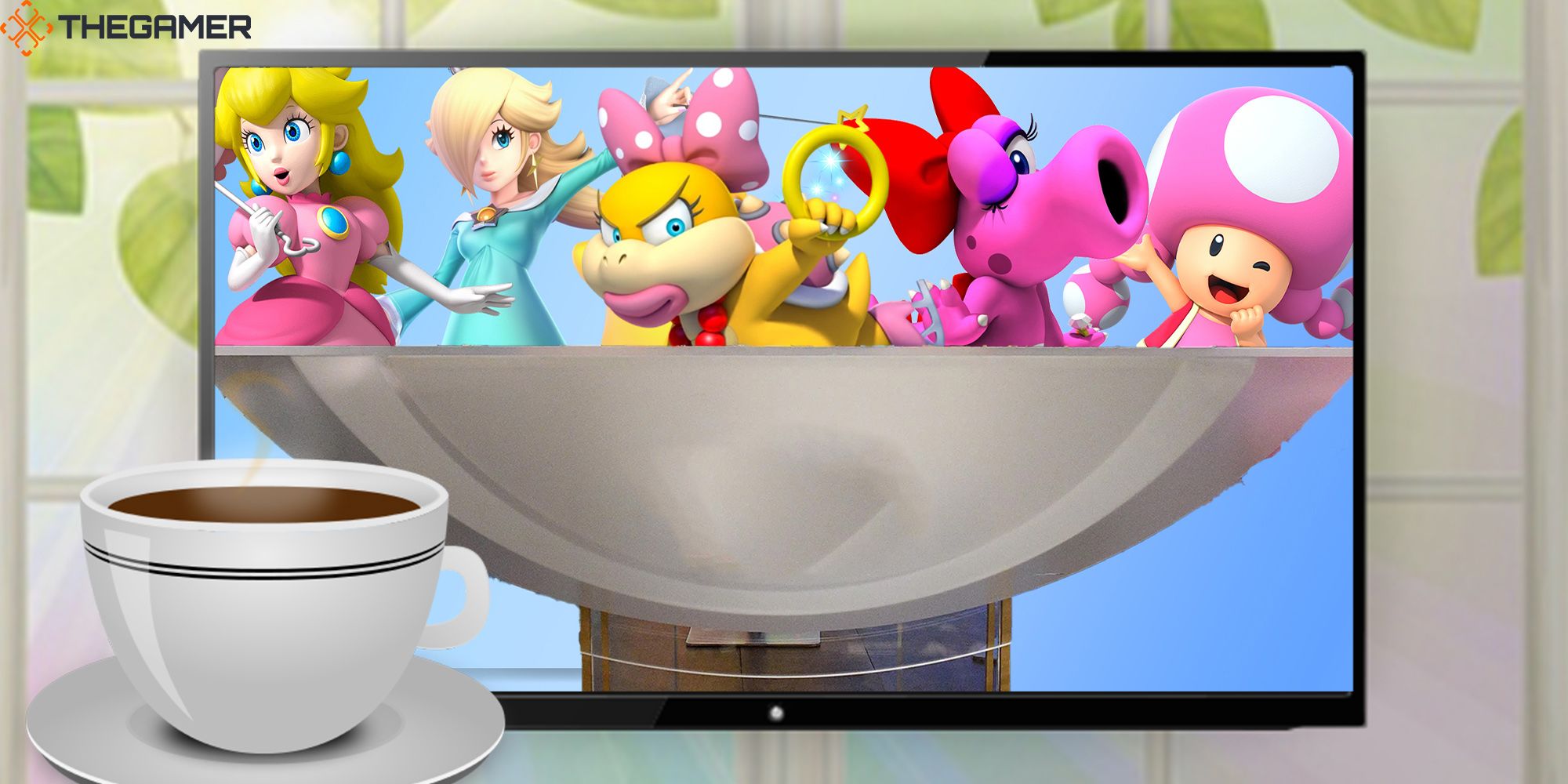 A television set plays a TV show starring Peach, Rosalina, Wendy O Bowser, Birdo, and Toadette while a cup of coffee steams on a kitchen counter.