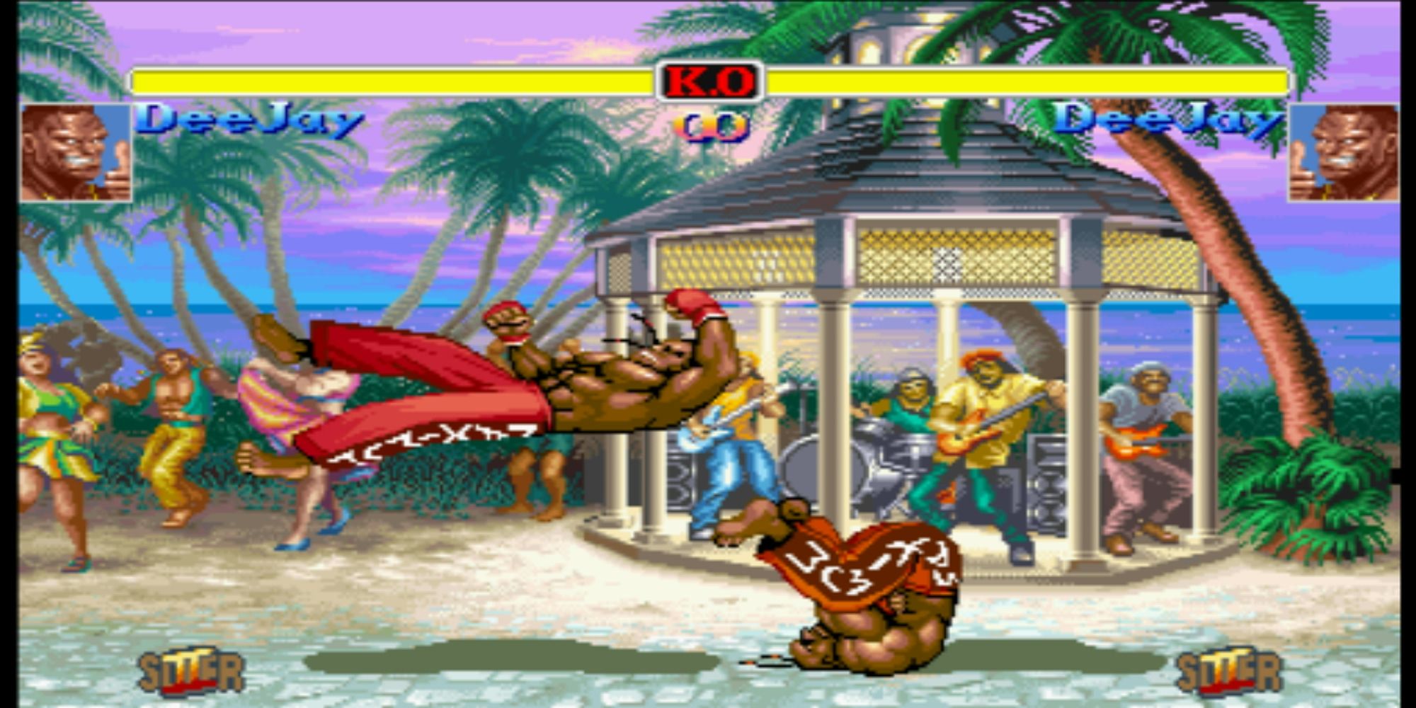 Super SF2 Deejay throws Deejay into the air in Jamaica in Hyper Street Fighter 2.