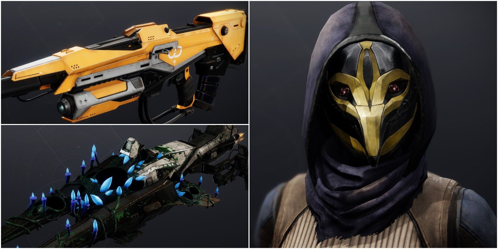 The Golden Days Exotic Weapon Ornament, Cordyception Exotic Sparrow, and Cathartdae Filigree Hunter Ornament in Destiny 2