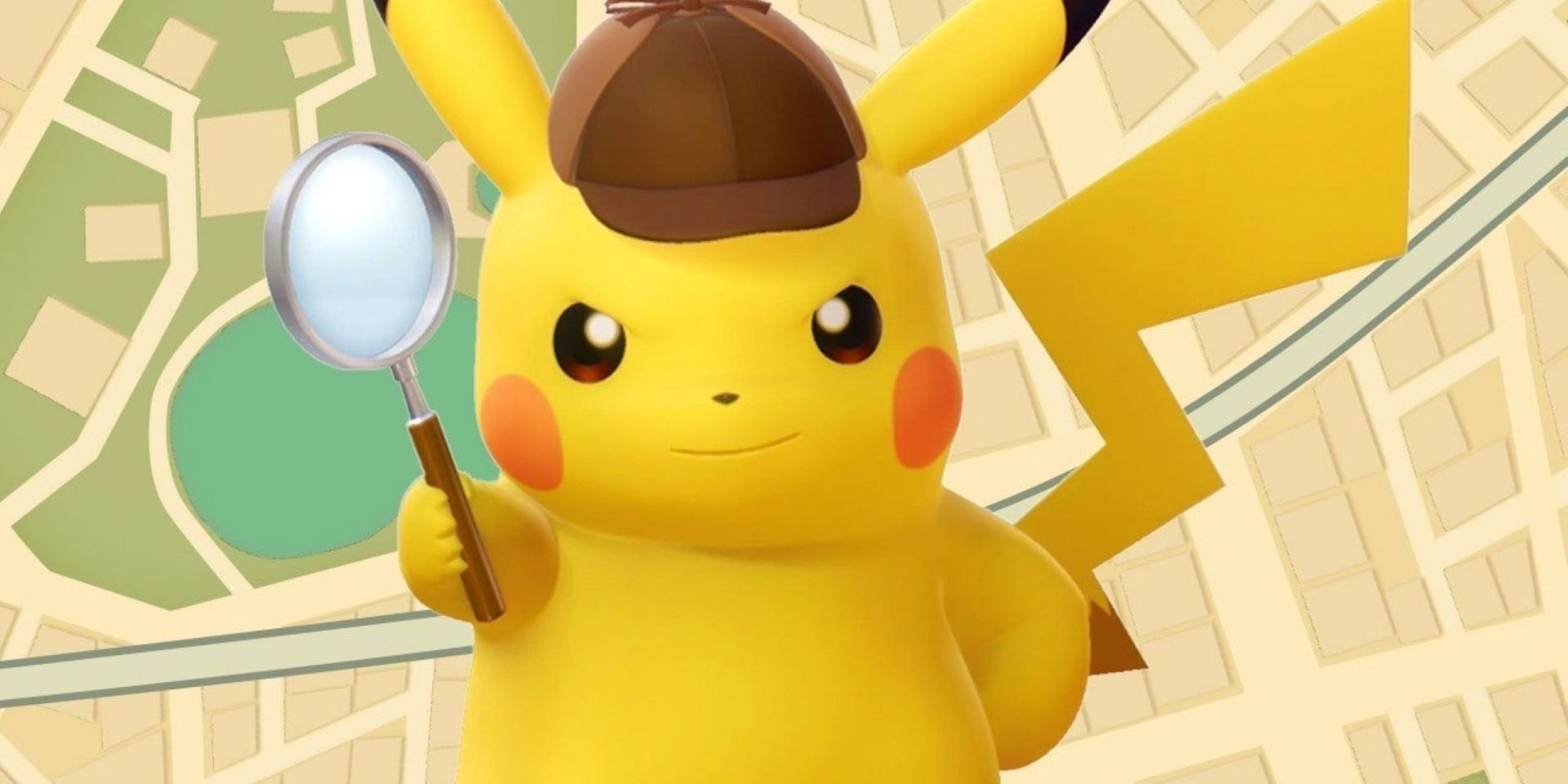 Detective Pikachu holds a magnifying glass in front of a giant map