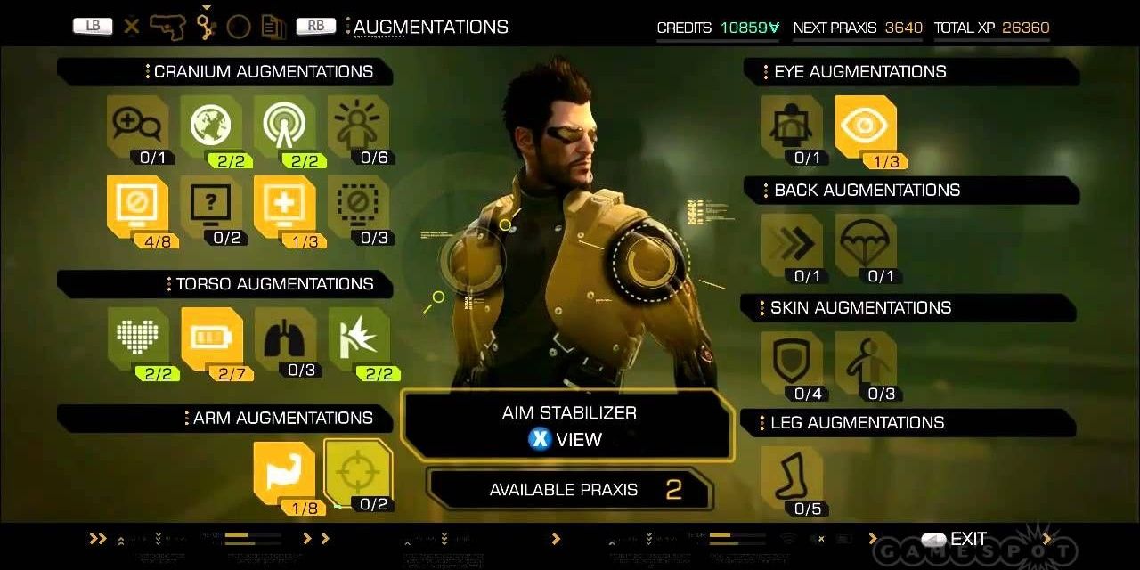 The augmentations screen of Deus Ex Human Revolution with the aim stabilizer highlighted