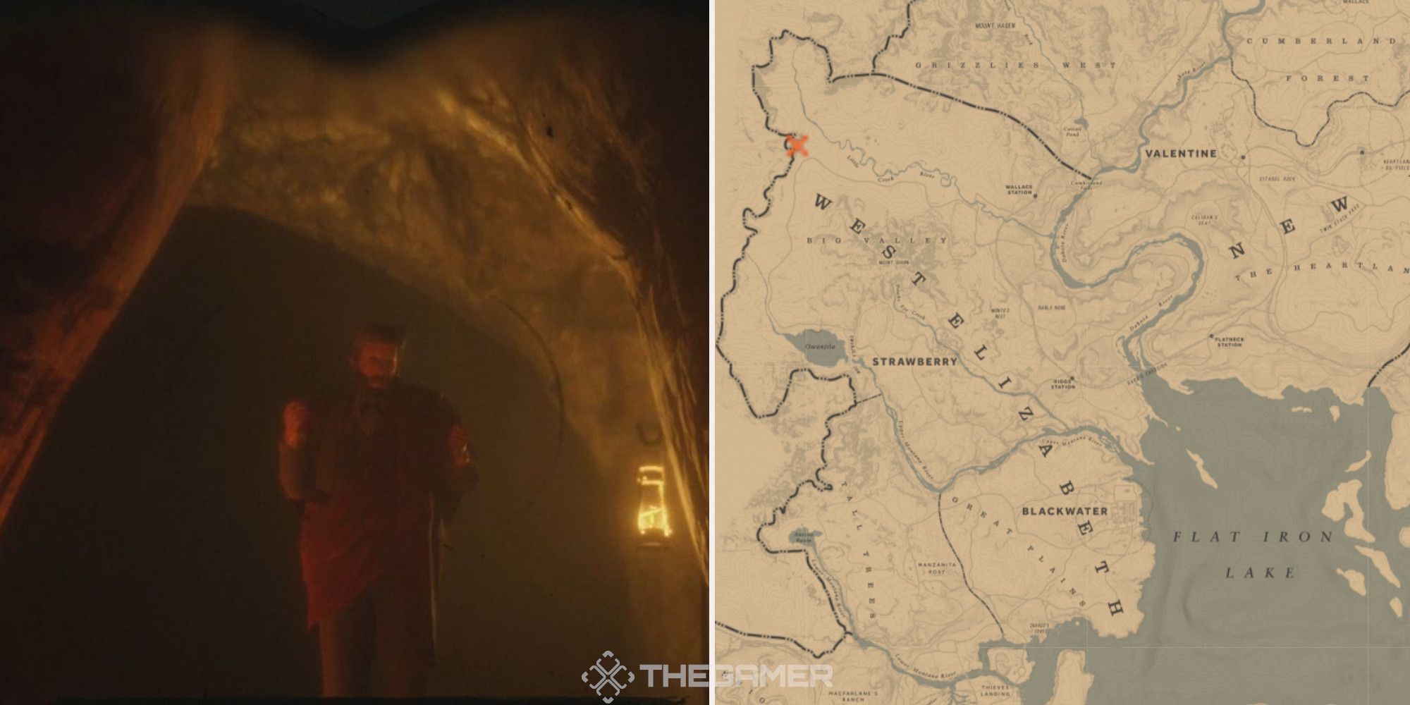 The hermit in his cave in Red Dead Redemption 2, next to an image of where his cave can be found marked on the map.