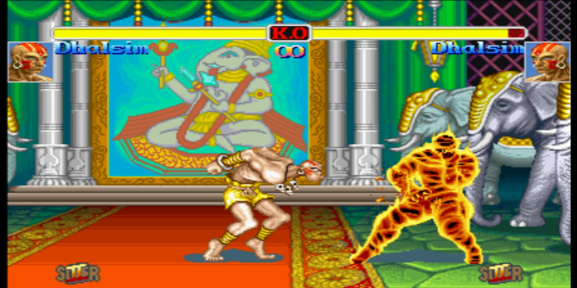 Super SF2 Dhalsim hits Dhalsim with a Yoga Fire at Maharaja's Palace in India in Hyper Street Fighter 2.