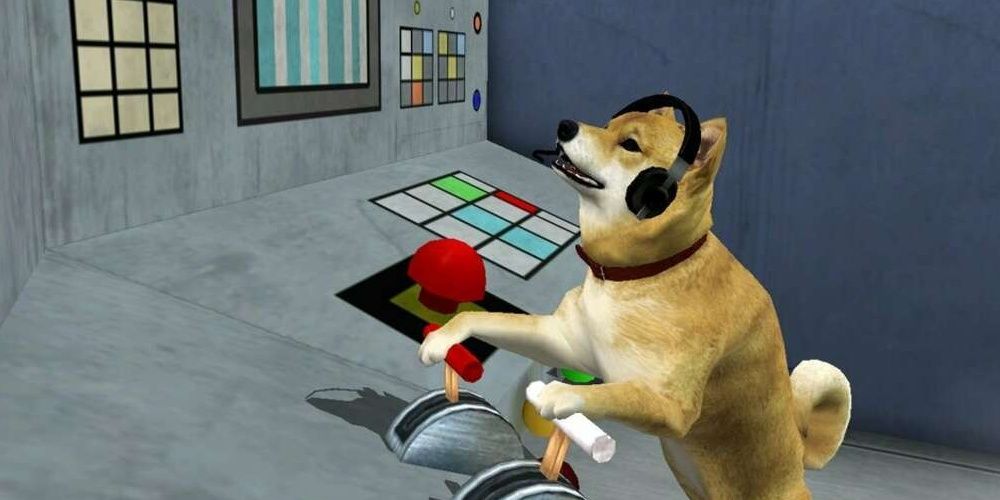 A screenshot of the dog in the control room with its paws on the levers.