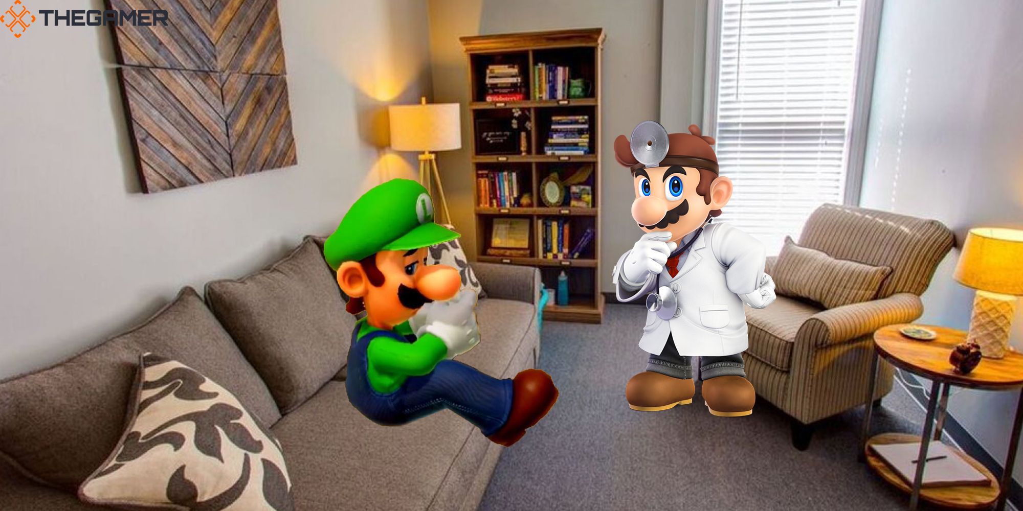 Dr. Mario consults a depressed Luigi in his office during a therapy session.