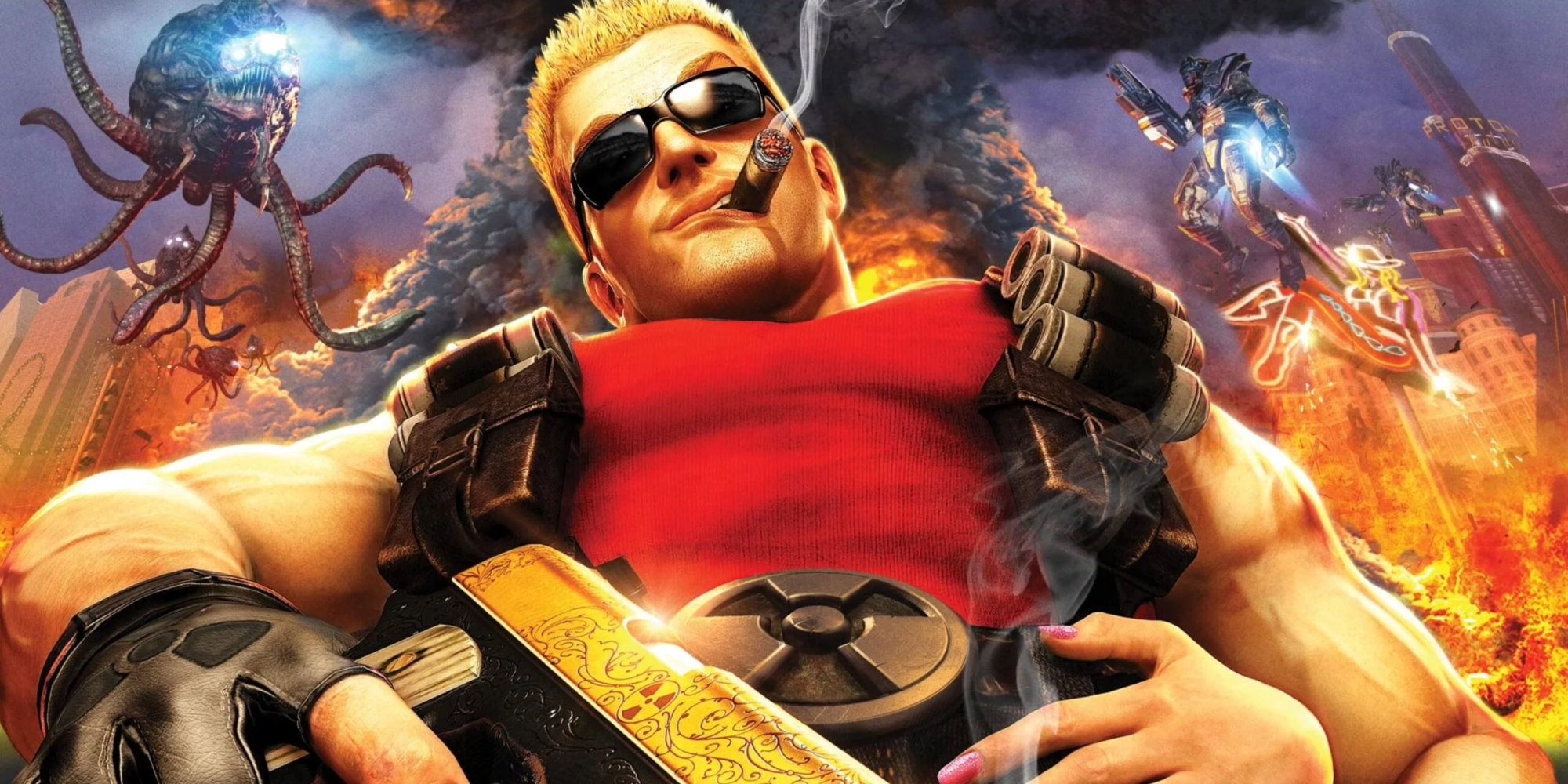 Duke Nukem Forever - Duke Nukem Smoking Cigar While Explosions Occur In The Background