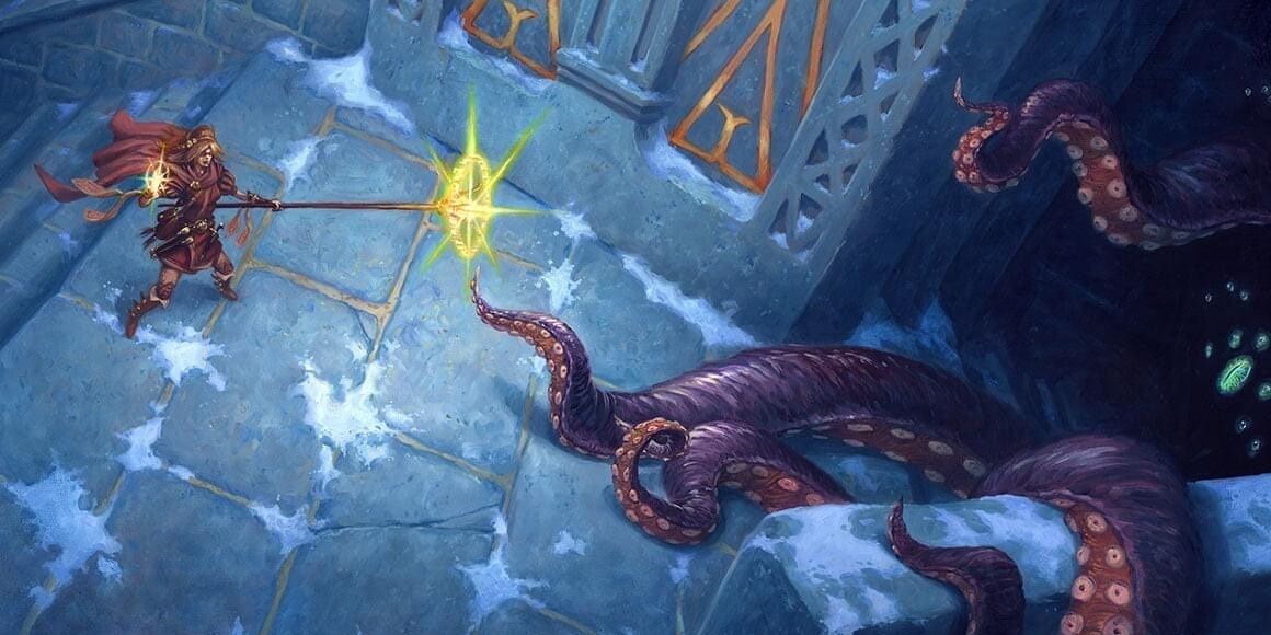 mage casts spell facing tentacle monster cthulu in dungeon