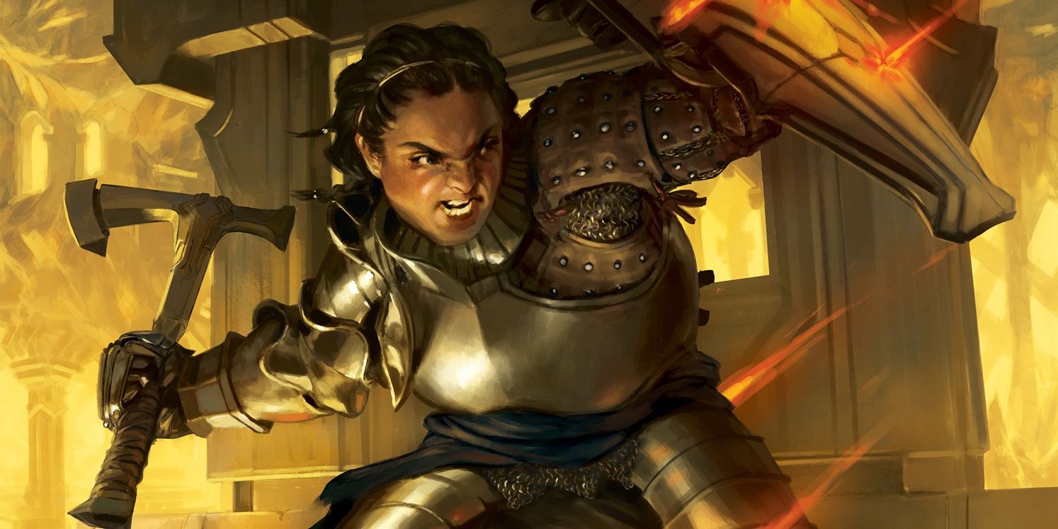 Dwarf female warrior with axe using shield