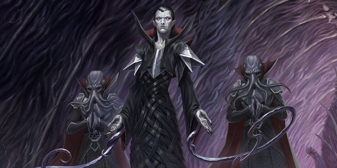 Dungeons & Dragons art showing a vampire flanked by two mind flayers