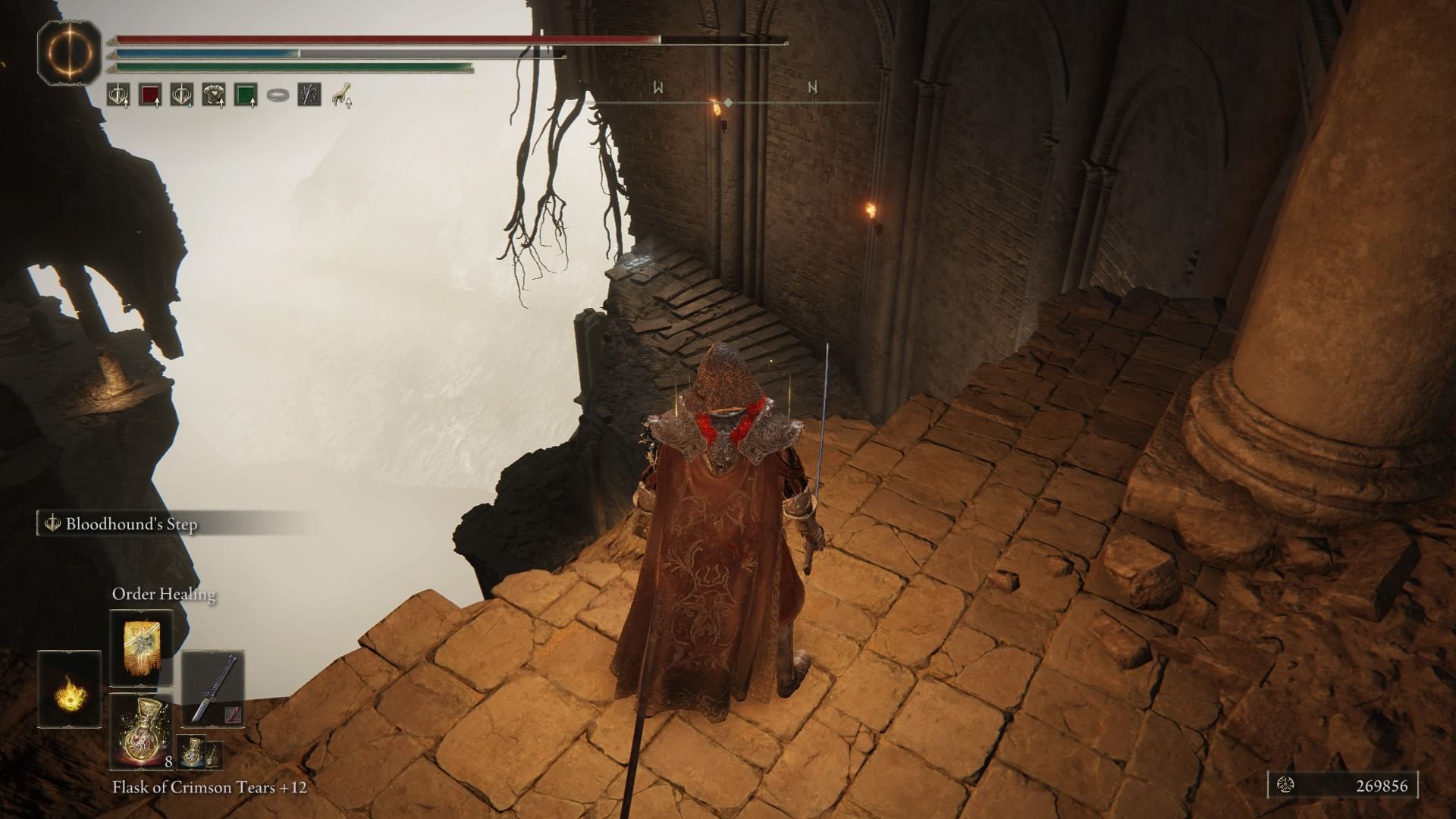 The player looking at the set of stairs.