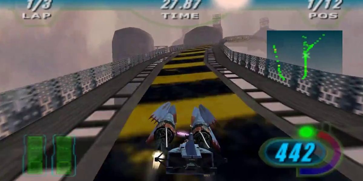 Star Wars Episode 1 Racer: Ebe Endecott flies down a straightaway on a track in the clouds.
