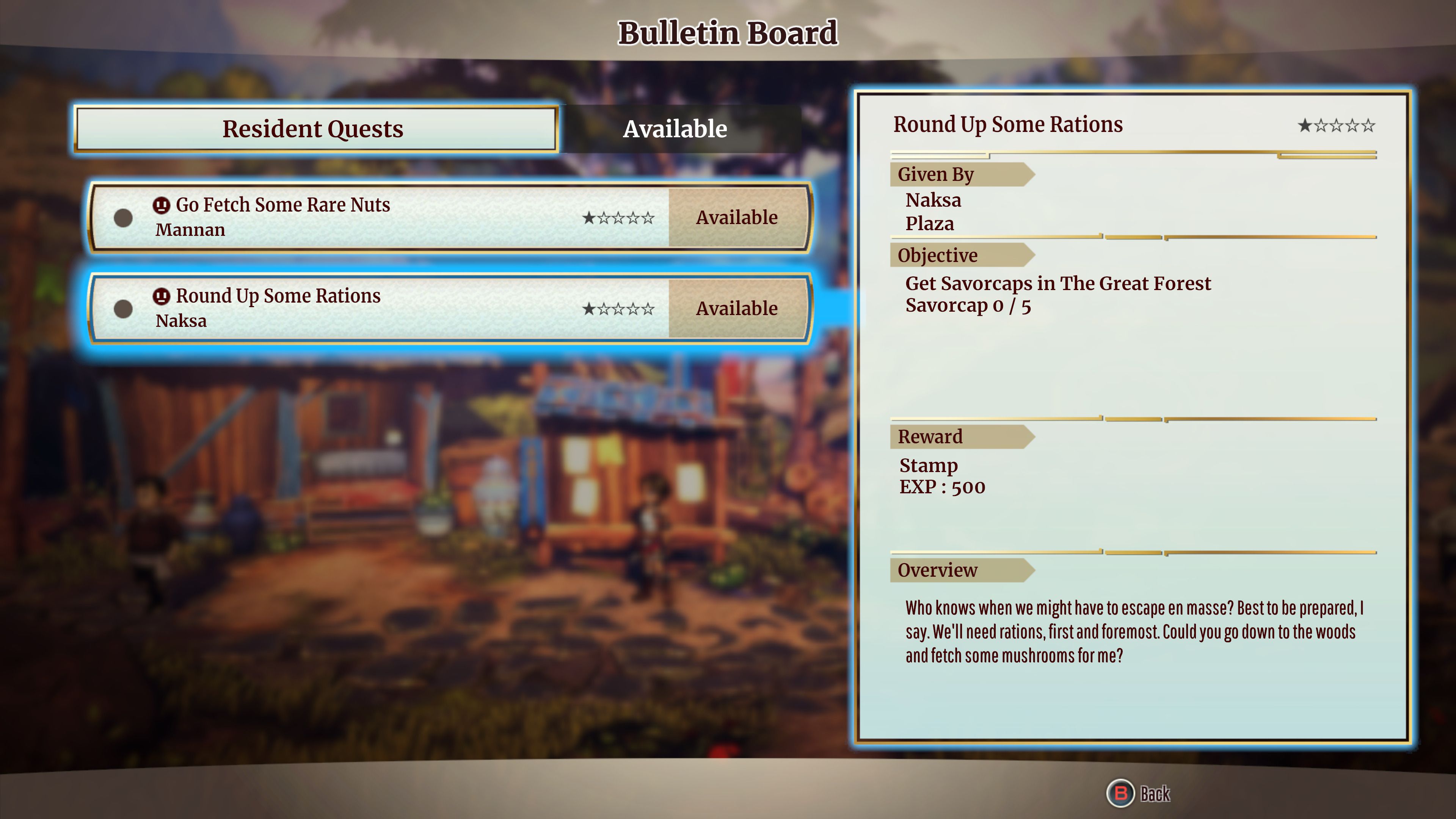 A screen of the Bulletin Board, showing the available quests.