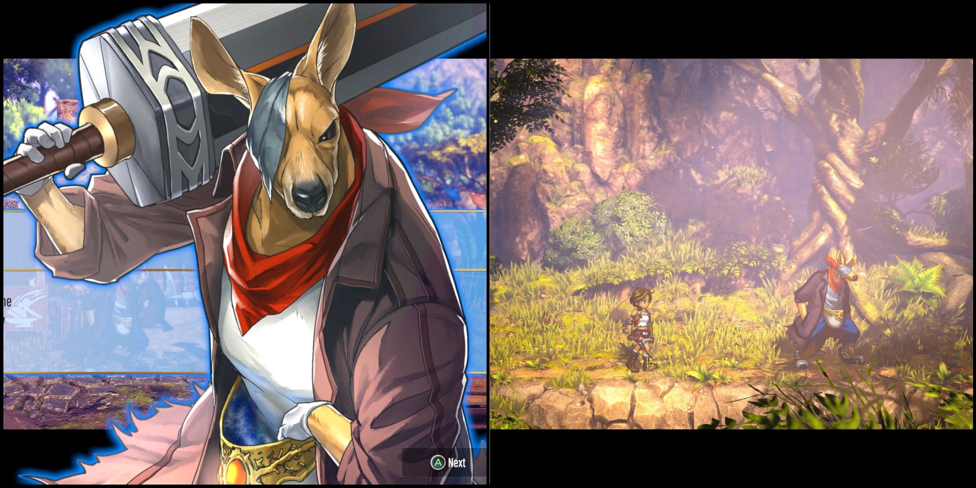 A split image of Garoo's character screen and CJ meeting him for the first time.