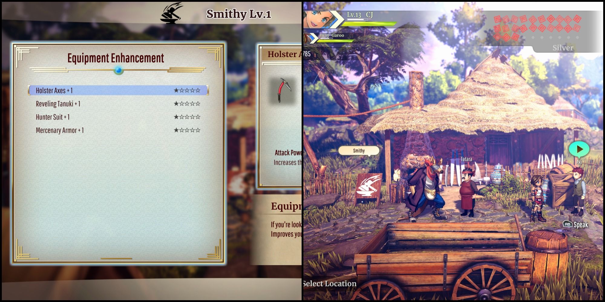 Split image of the Smithy menu on the left and Tatara on the right.