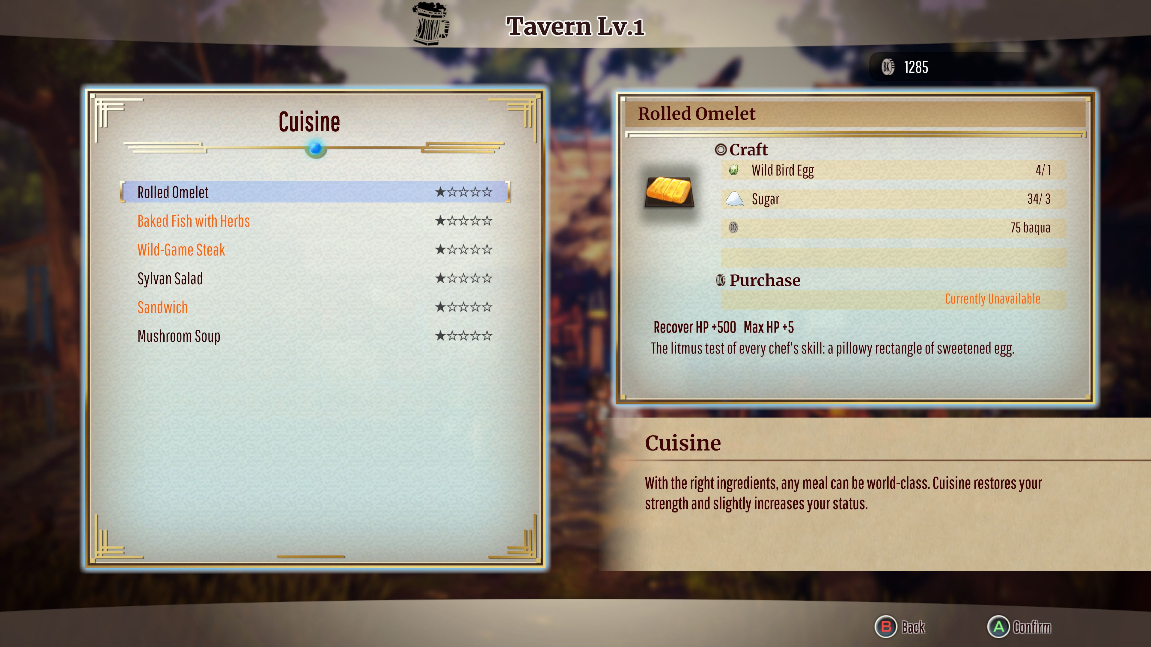 The Tavern menu.
