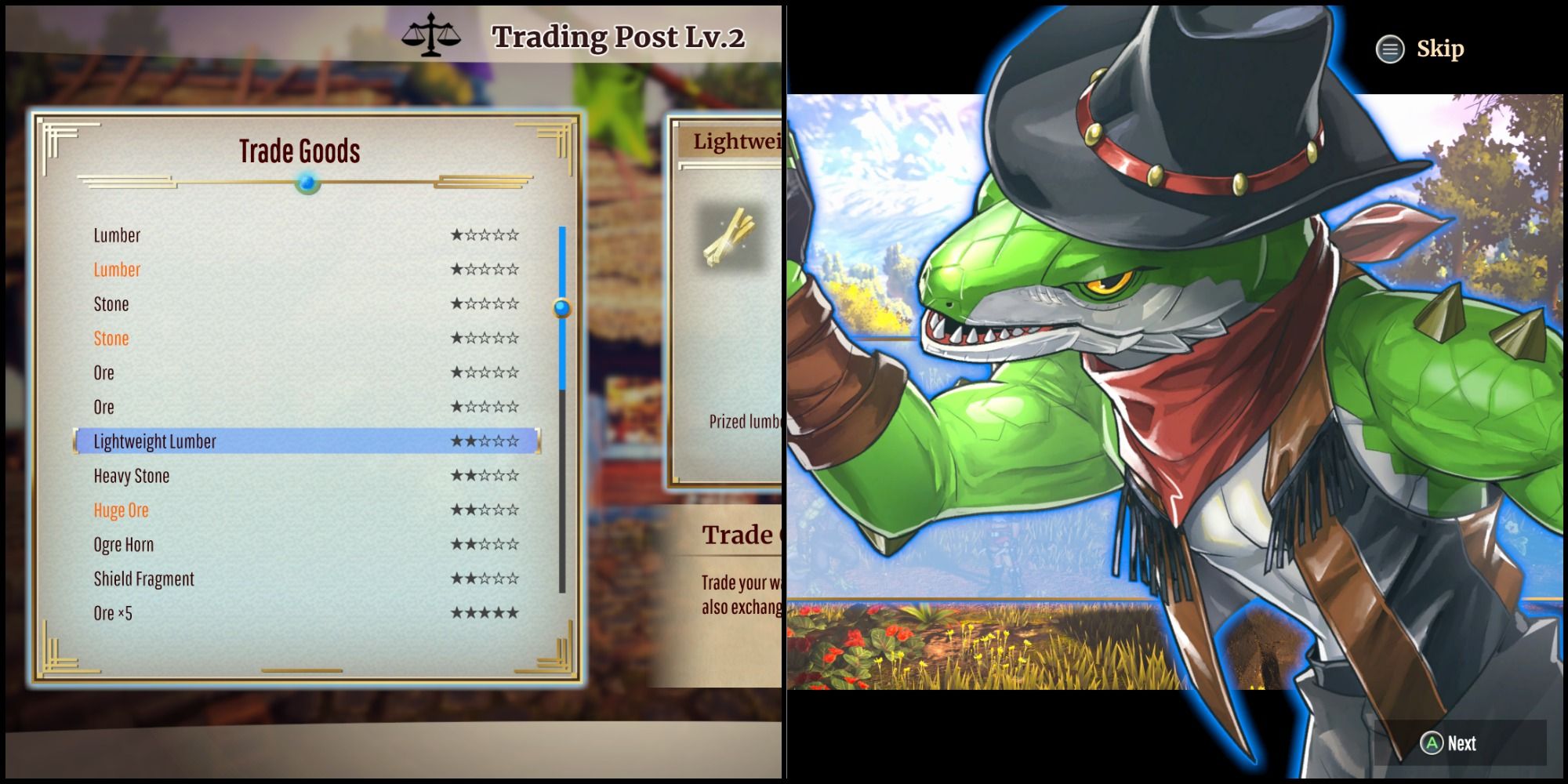 A split image of the Trading Post menu and Hogan's character screen.