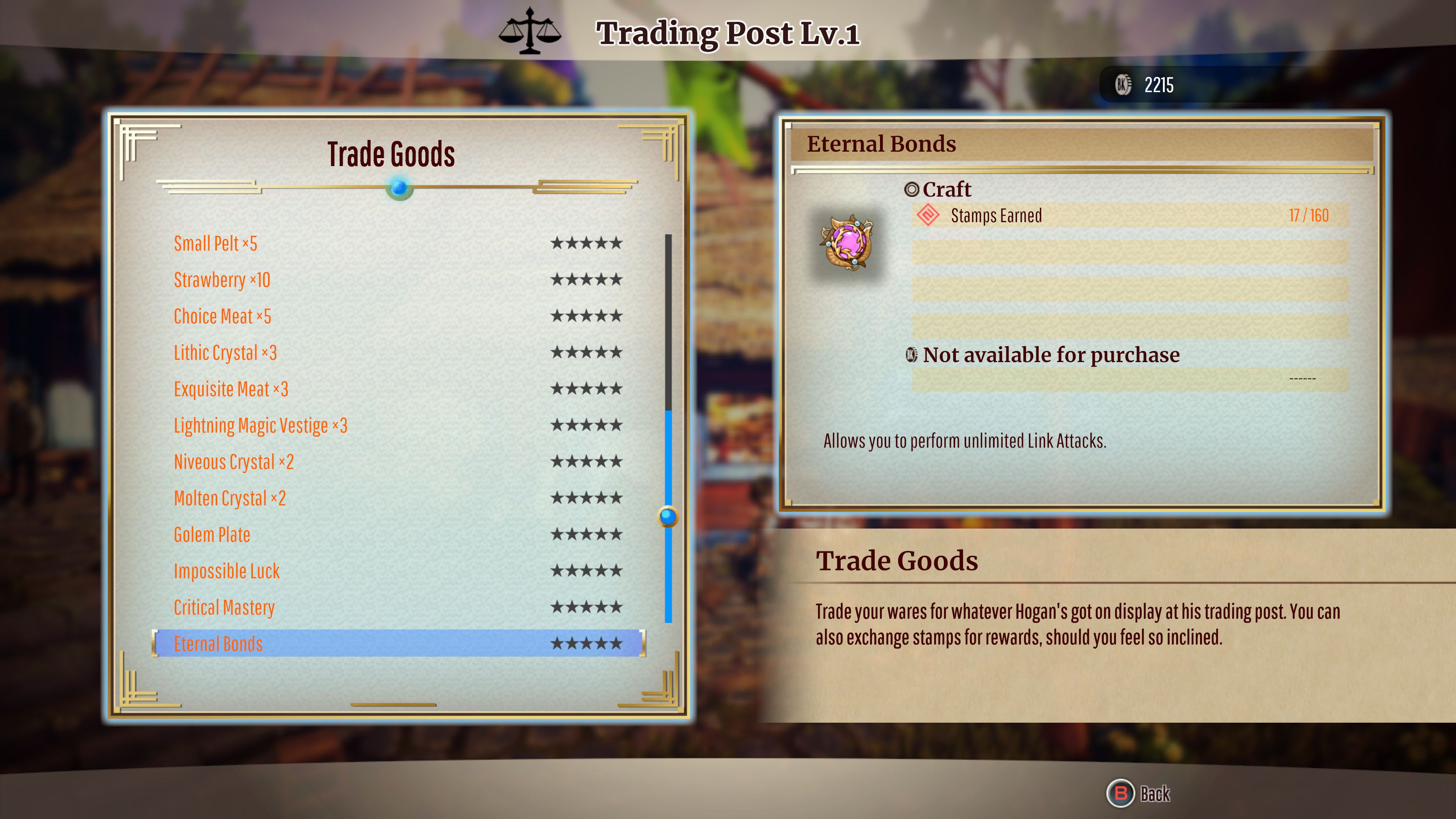 A list showing some of the Trading Post's items.