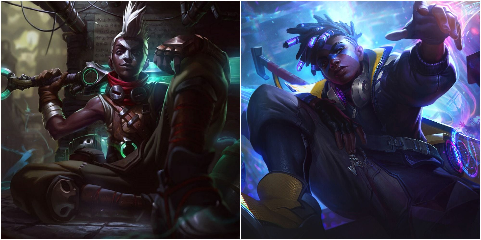 Ekko The Boy Who Shattered Time sitting in the sump in his base splash art and posing as True damage Ekko holding a bat