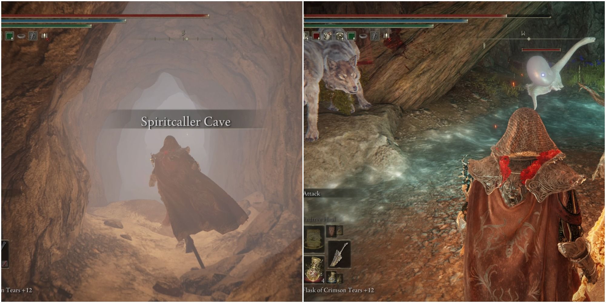 Split images showing the Spiritcaller Cave.