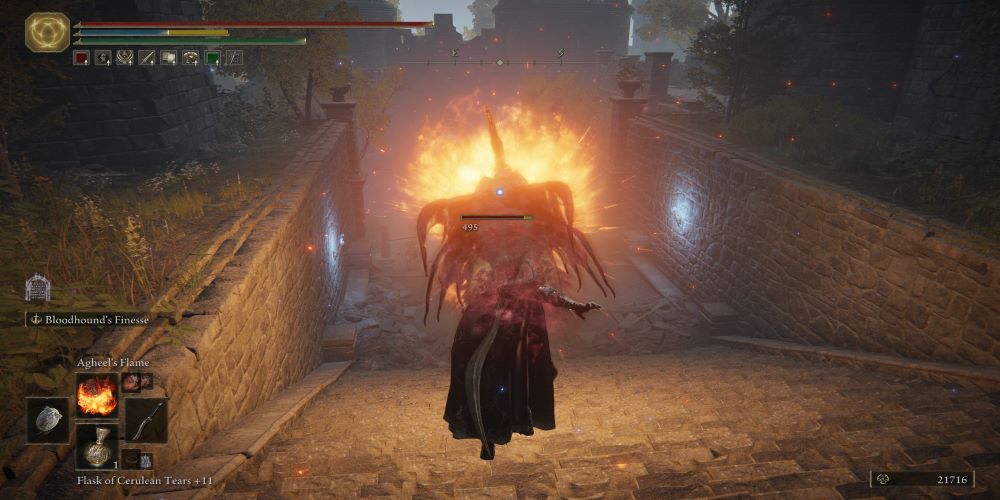 The Tarnished uses Agheel's Flame Incantation in Elden Ring.