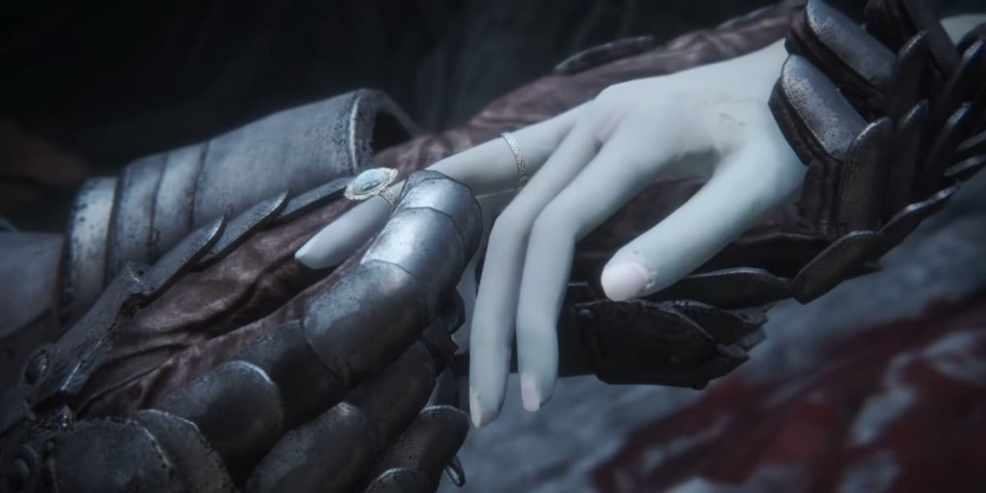 The player character placing the Dark Moon Ring on Ranni the Witch's finger in Elden Ring