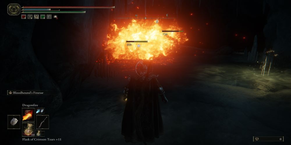 The Tarnished uses the Dragonfire Incantation in Elden Ring.