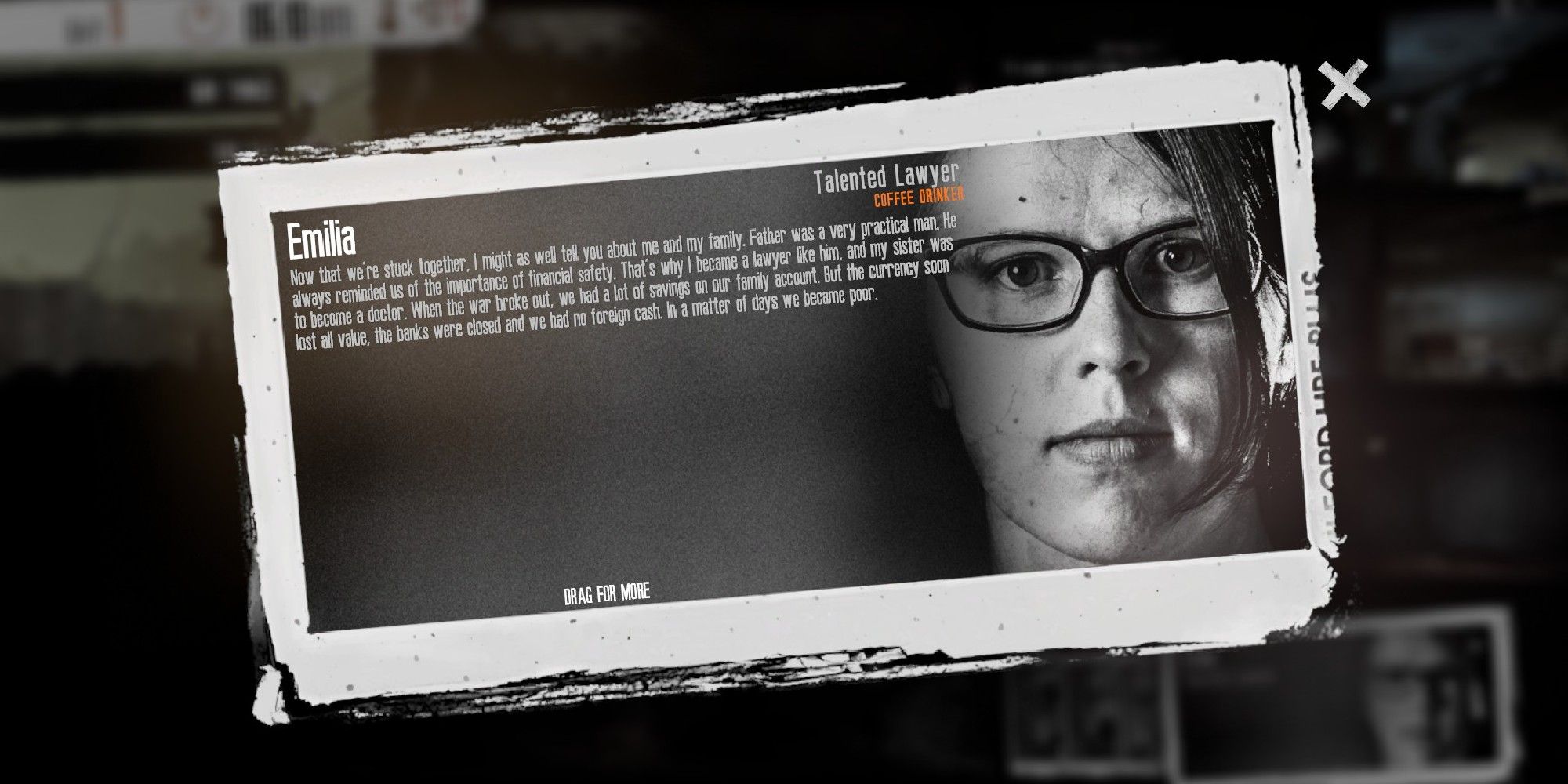This War Of Mine Emilia character bio screen where she looks at the camera black & white