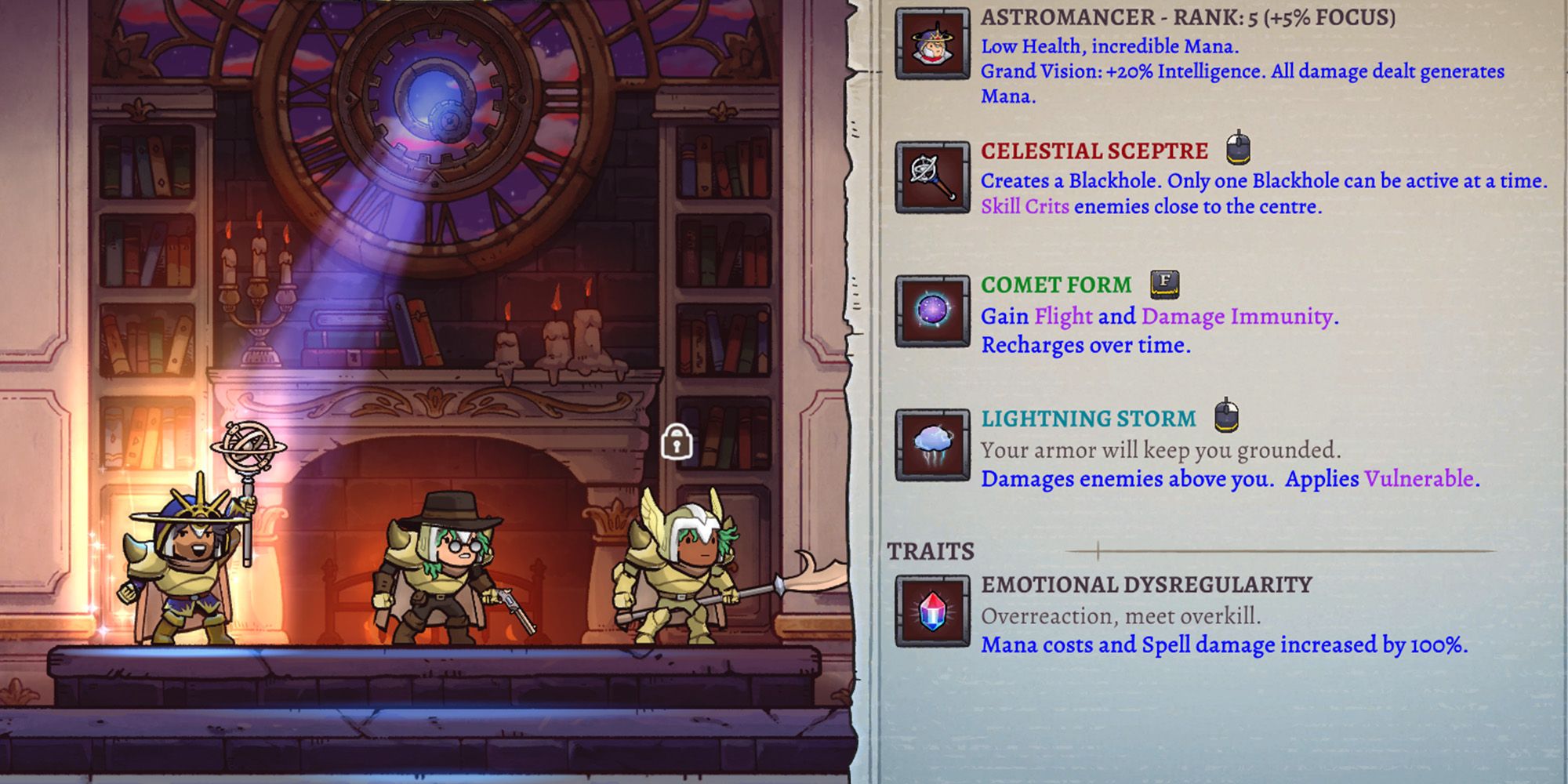 Rogue Legacy 2 screenshot of Astromancer with the Emotional Dysregularity trait