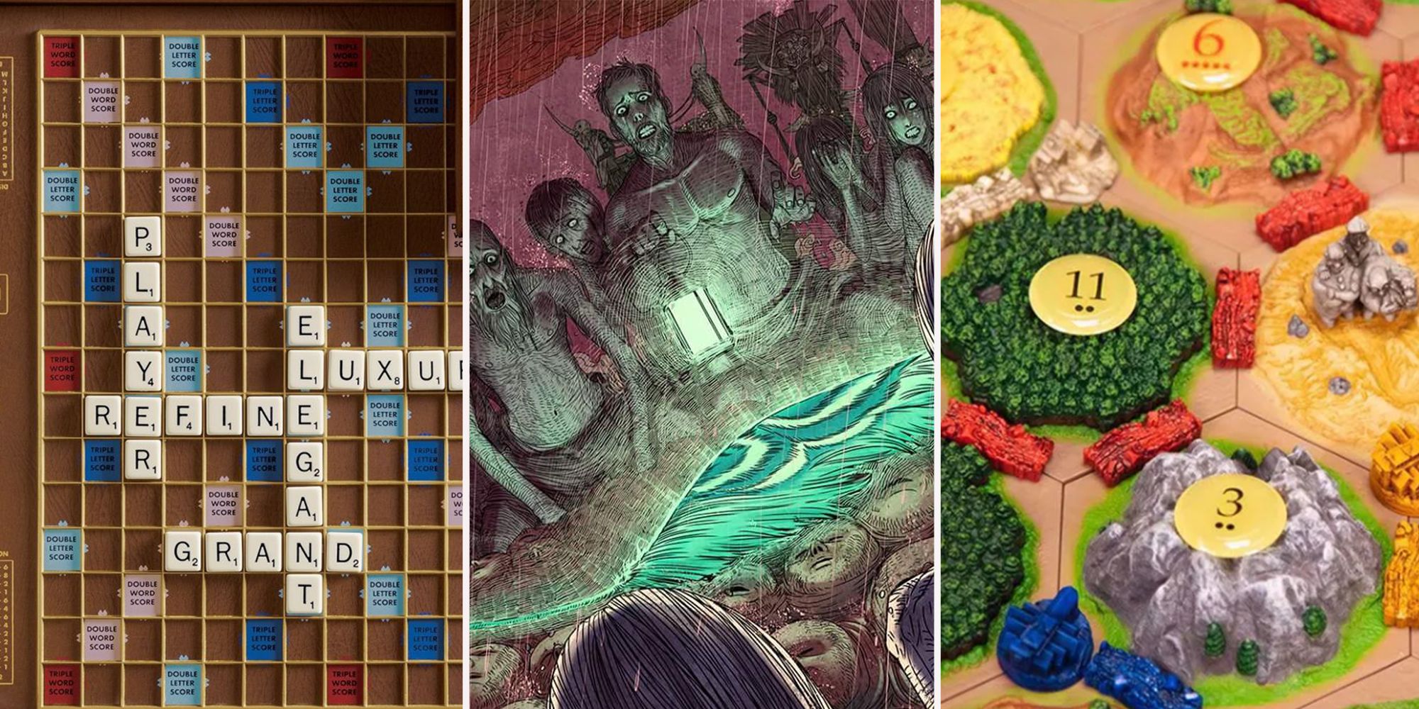 Expensive Board Games (scrabble left, kingdom death middle, catan 3d right)