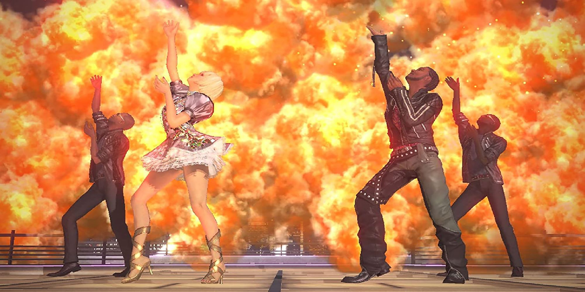 A sparkly-dressed pop idol and her leather-clad rockstar partner dance in front of crazy pyrotechnics in Dance Evolution.