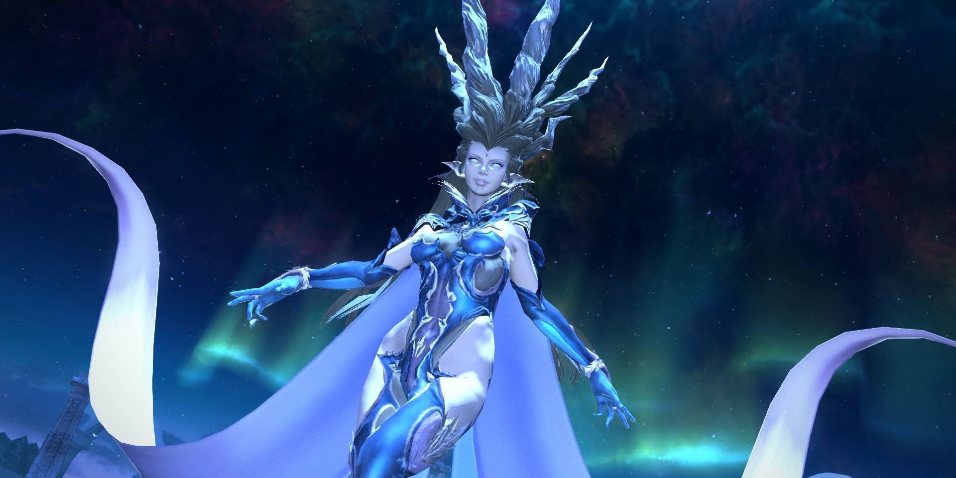 Shiva's flowing ice-blue dress and crown of ice before an aurora borealis background.