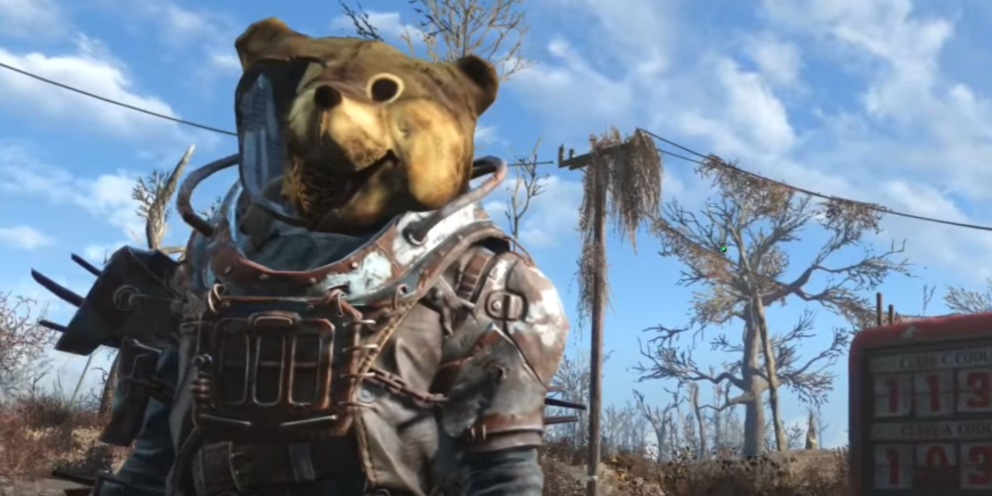 Fallout 4 Character Wearing The Mascot Head Outside