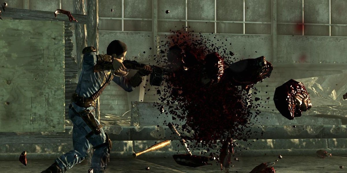 The Vault Dweller from Fallout explodes an enemy into a bloody mess.