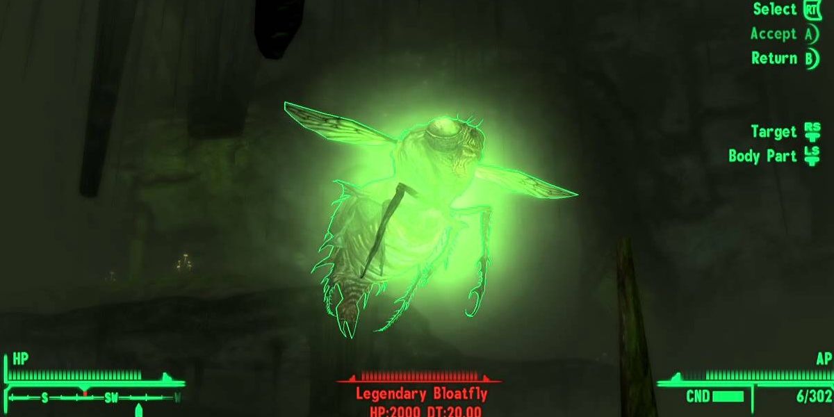 A Legendary Bloatfly from Fallout New Vegas being targeted in V.A.T.S