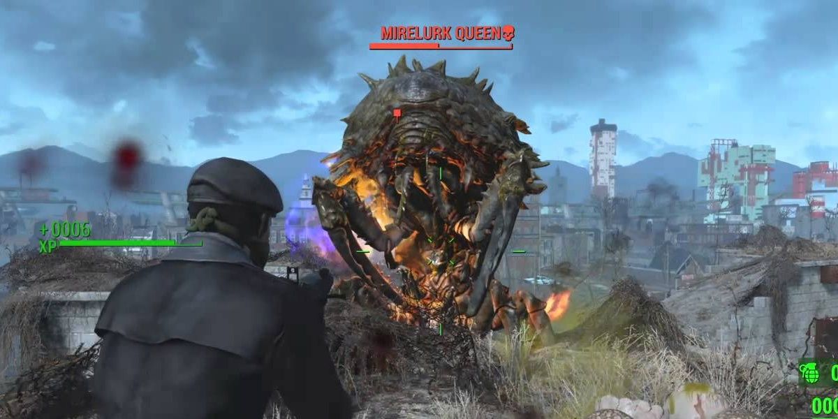 Fallout 4 A Mirelurk Queen attacks the Vault Dweller.