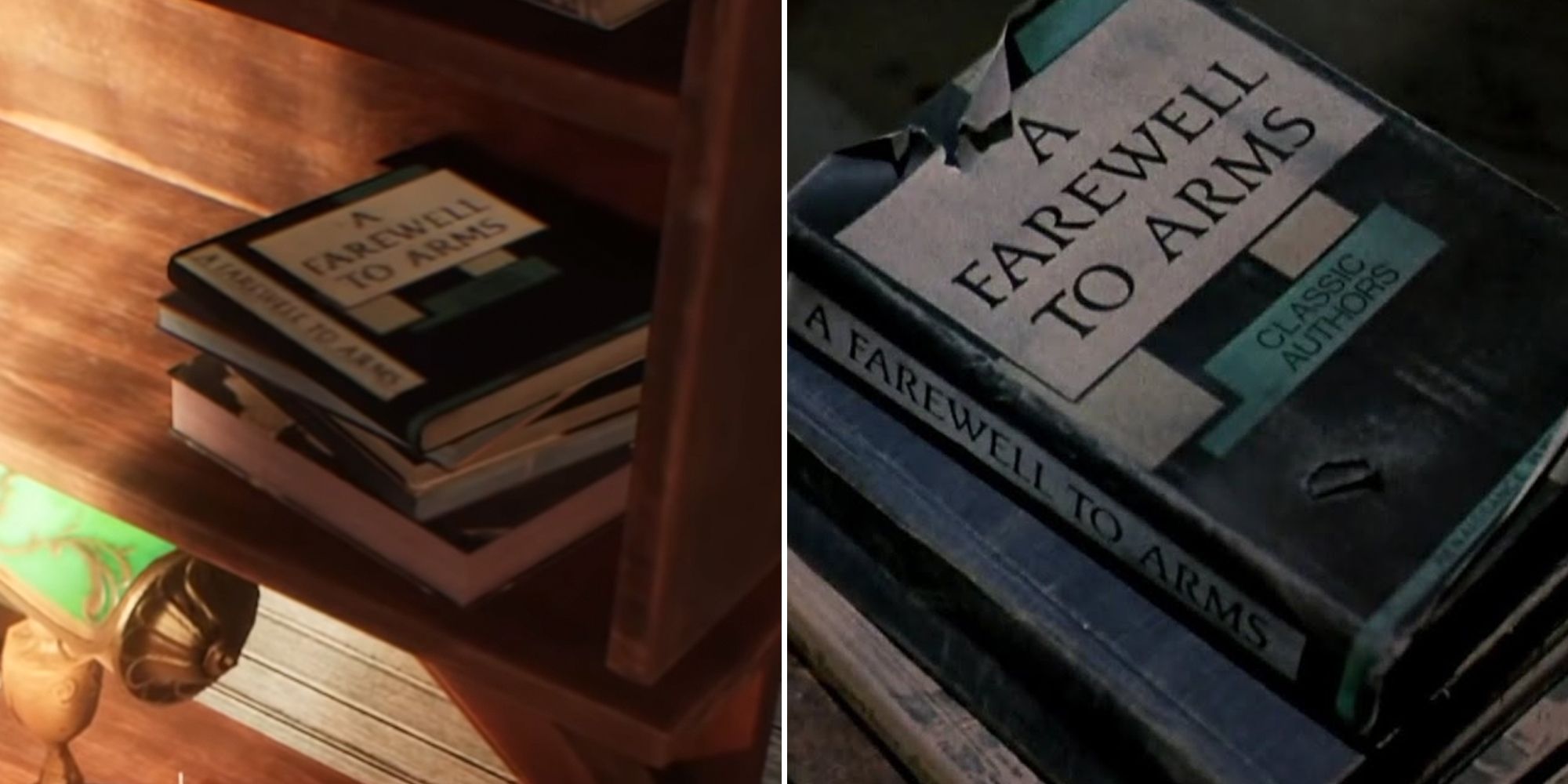 Evil Dead The Game split image. A Farewell to Arms book in game and Evil Dead 2.