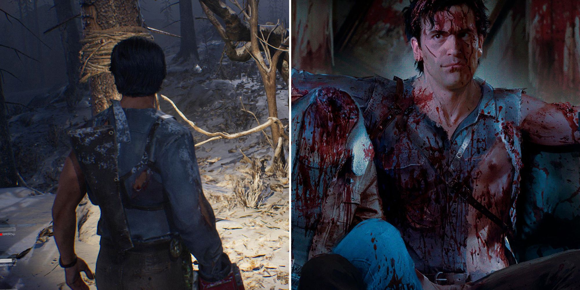 Evil Dead The Game split image. Ash with back to camera on left. Bloodied Ash sat down on right.