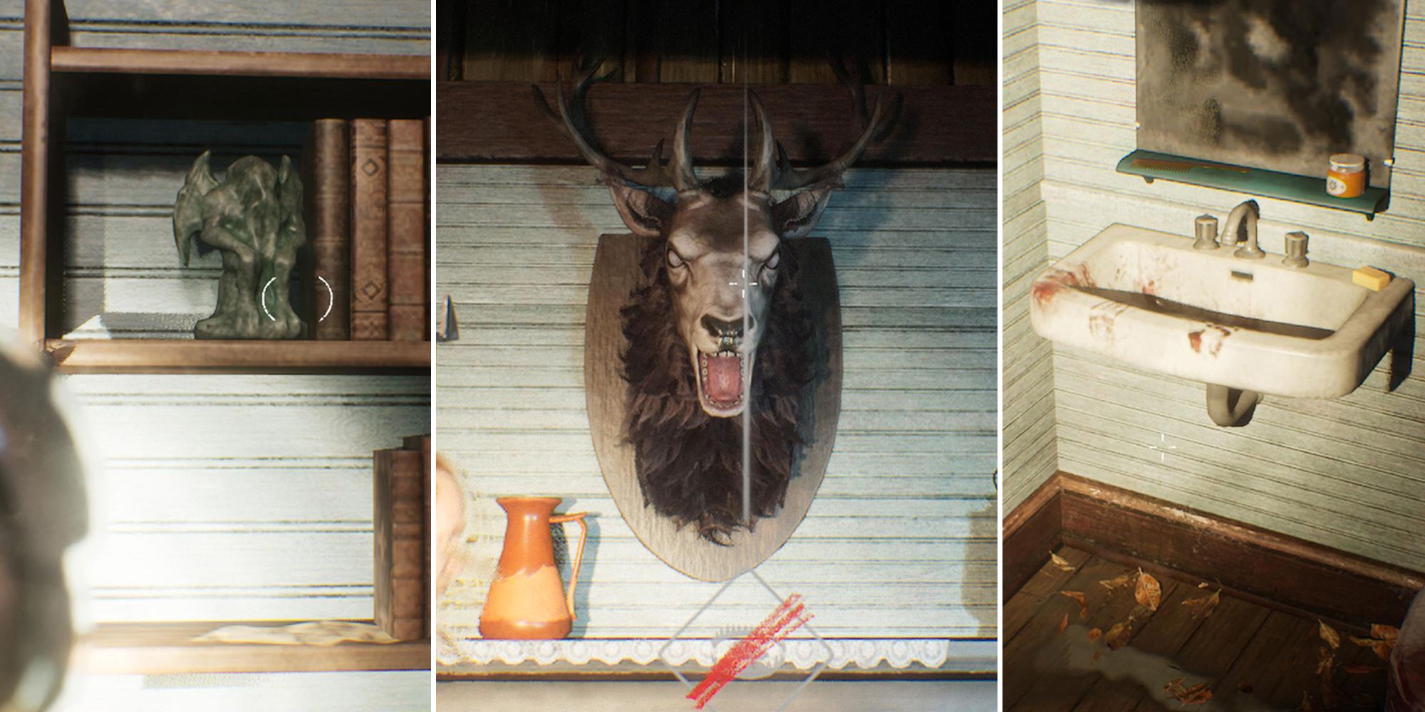 Evil Dead The Game split image. Cthulhu statue, Evil Dead 2 deer head, hand prints on sink.