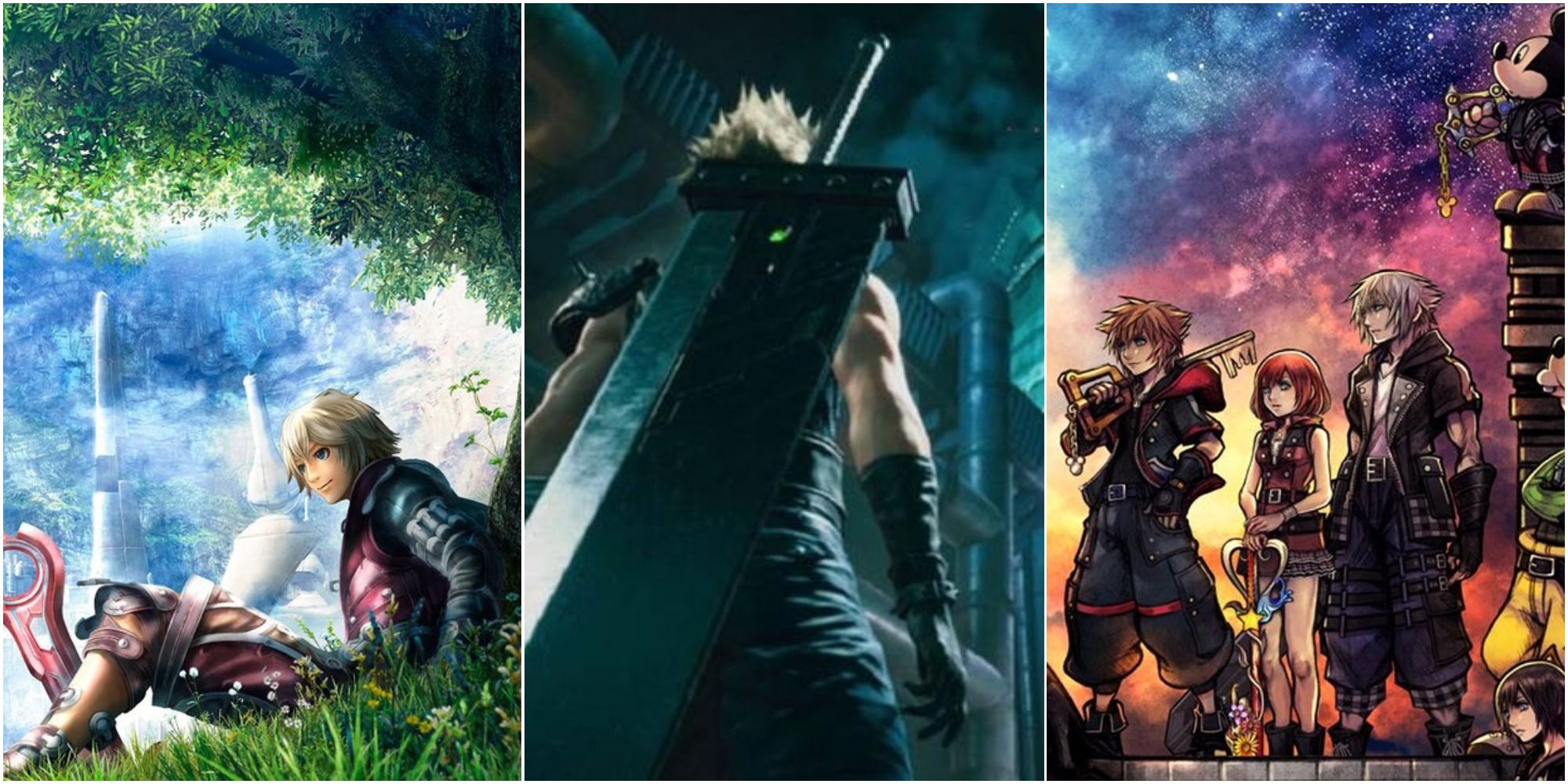 Split image screenshots of official art from Xenoblade Chronicles, Final Fantasy 7 Remake and Kingdom Hearts 3.