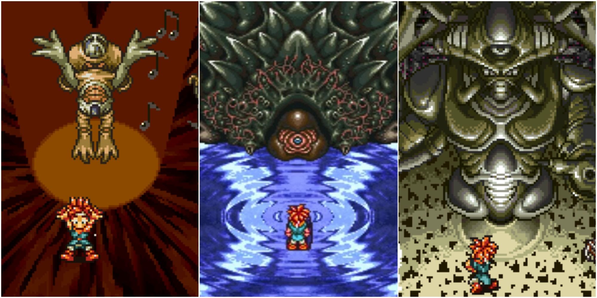 Split image screenshots of the three Lavos forms.