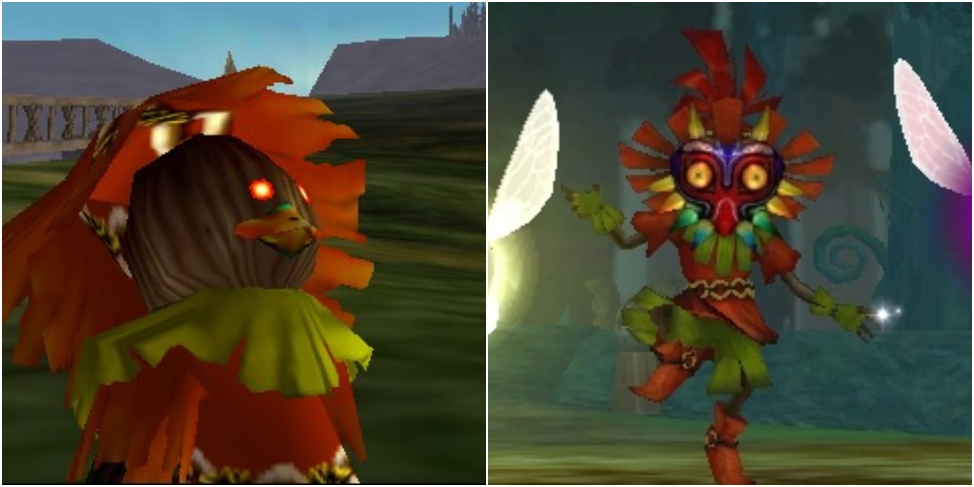 Split image screenshots of Skull Kid and Skull Kid wearing Majora’s Mask.