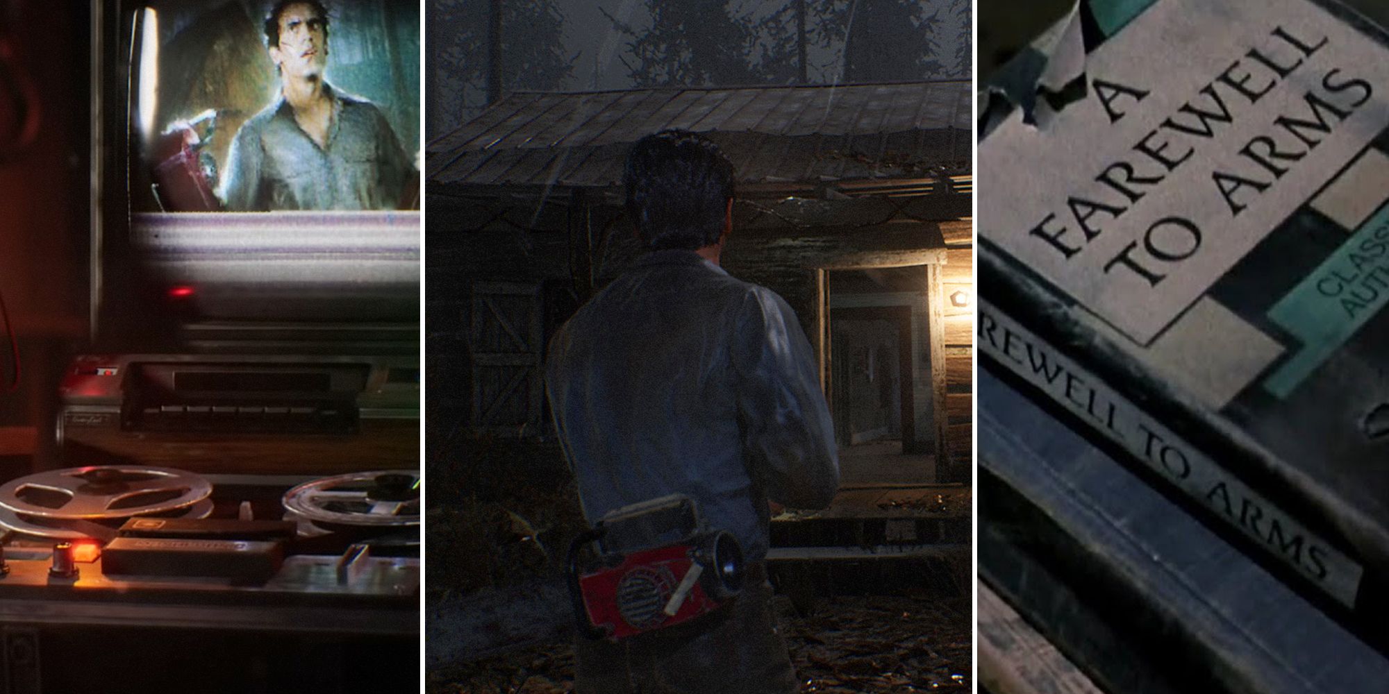 Evil Dead The Game split image. Evil Dead Tape Recorder, Ash with a chainsaw, Farewell to Arms book.