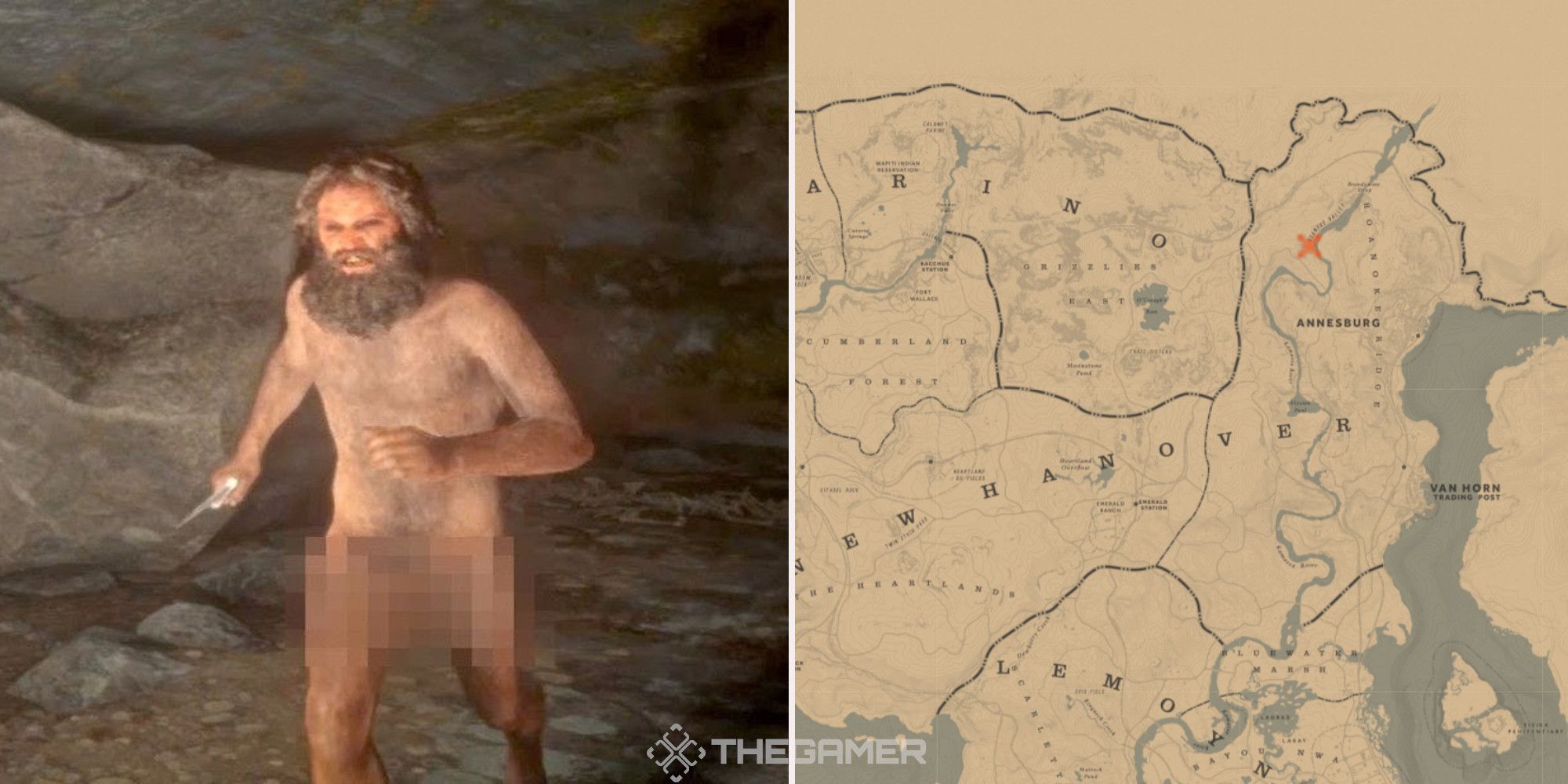 The feral man in Red Dead Redemption 2, next to an image of where he can be found marked on the map.