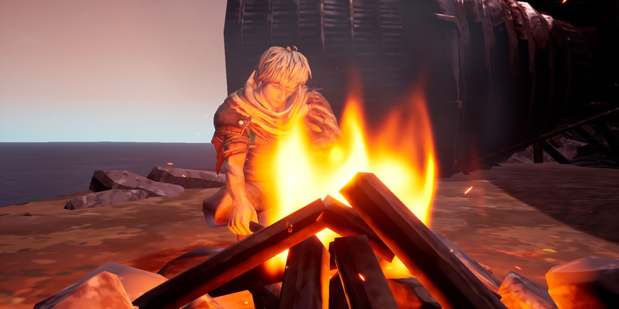 Reid cooks over an open fire at his home base in Deadcraft.