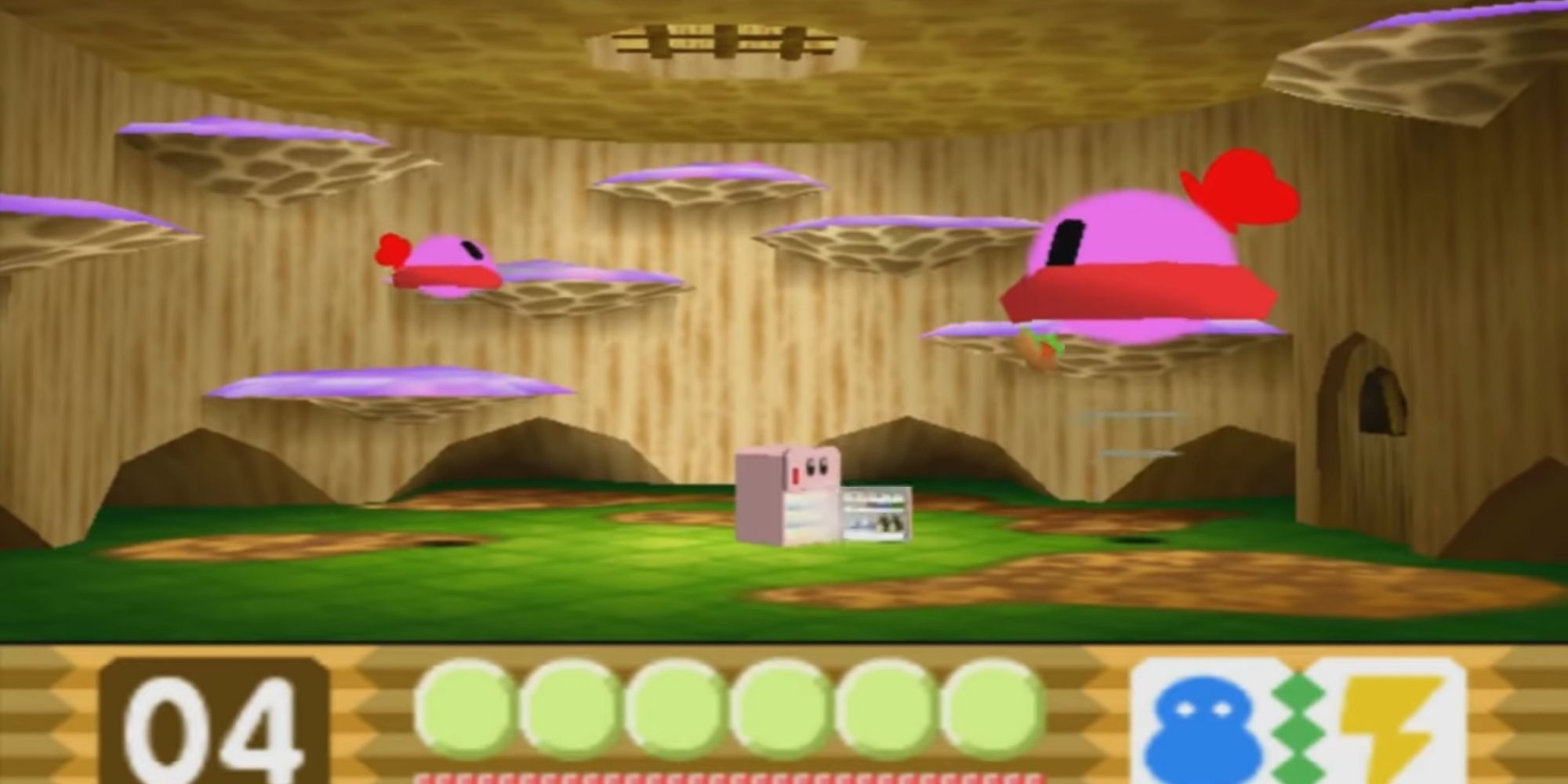 Fridge Kirby tosses food at giant Bouncy enemy 
